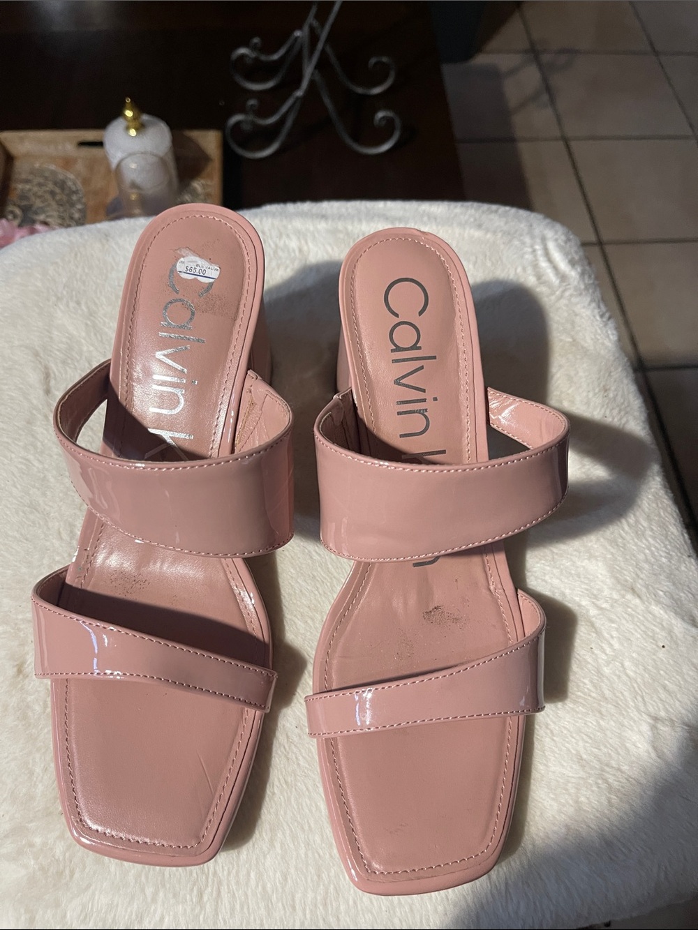 Calvin Klein Dusty Pink Patent Double-Strap Slide Mules